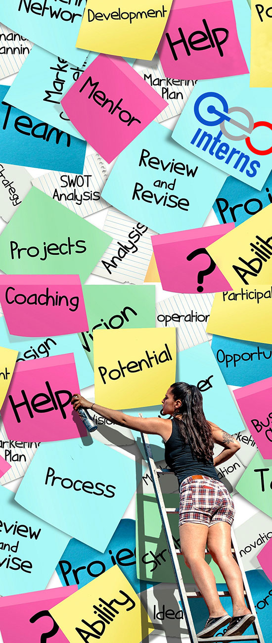 Woman on Ladder with Wall of Words